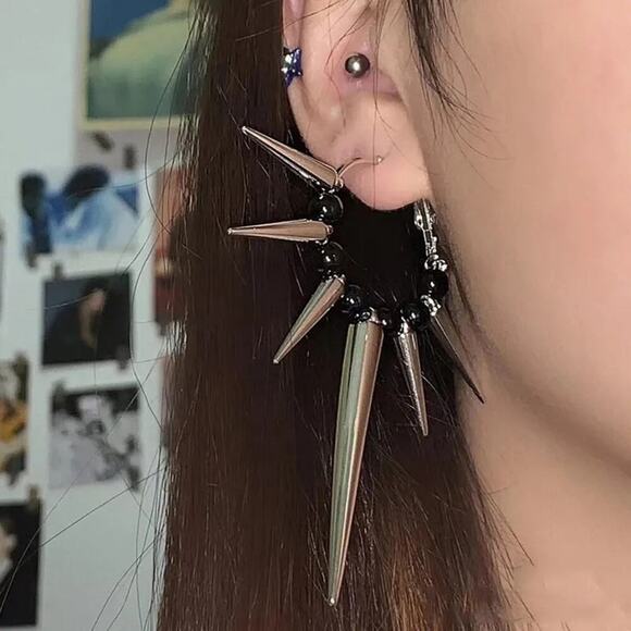 Spiked hoop earrings with alternating black beads, goth aesthetic - Picture 3 of 4